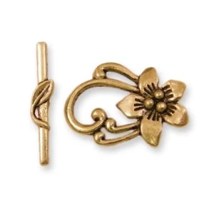 Clasp, 2 Sets Antiqued Gold Plated Pewter Flower Leaf Toggle Clasps * - Picture 1 of 2