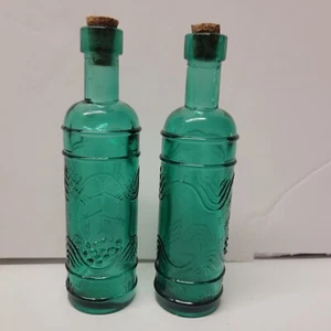 Set Of 2 5.5" Teal Bottles With Grapevine Handmade in Spain VTG - Picture 1 of 9