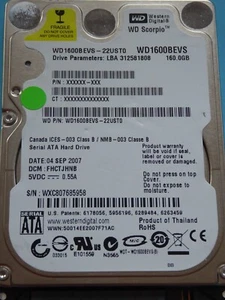 WD1600BEVS-22UST0 DCM: FHCTJHNB 04 SEP 2007 Tailandia 160 GB - Imagen 1 de 1
