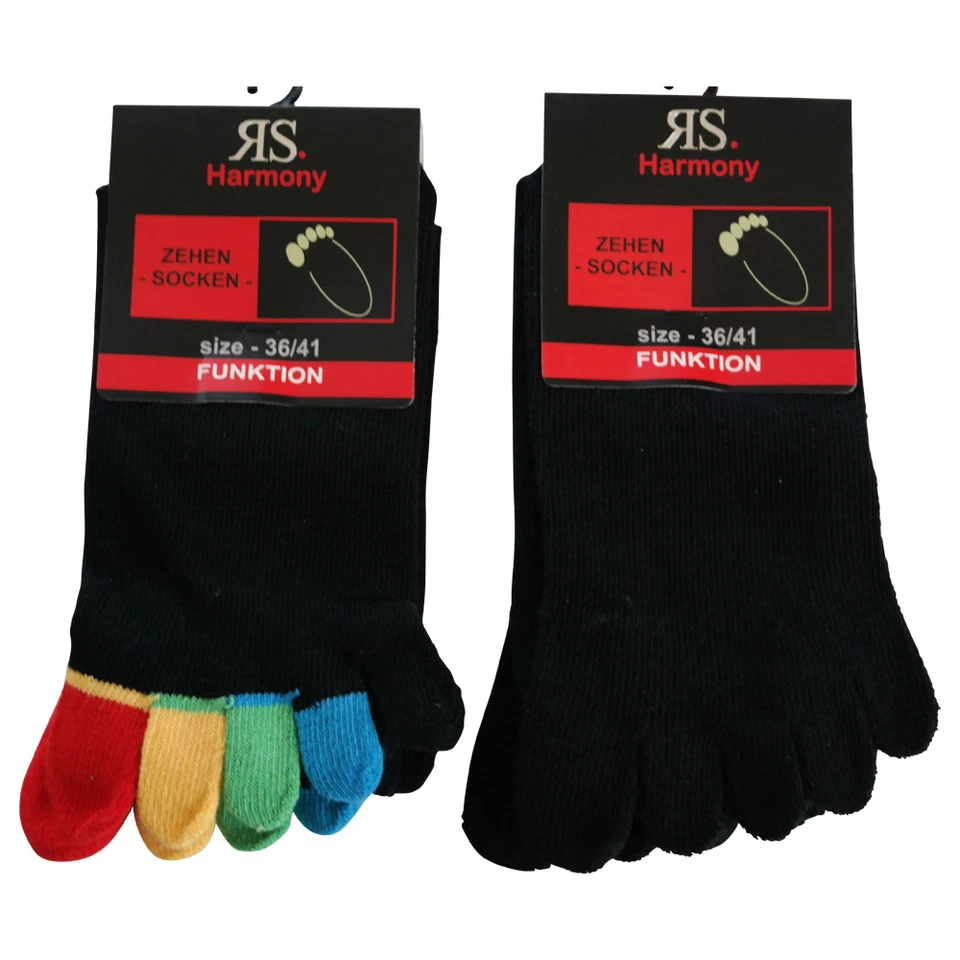 10 Paar Zehensocken Socken Einzelzehen Komfortbund Baumwolle Schwarz und Farbig  - Bild 1 von 1
