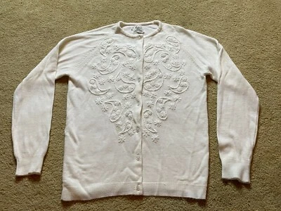 Cárdigan Suéter Vintage Años 60 Marfil Mediados de Siglo Acrílico Adornado Abotonado M Foto 1 de 4