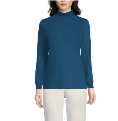 Lands End Women's Cotton Long Sleeve Mock Turtleneck S/T-XL/T - 15 Color Options - Image 1 of 4