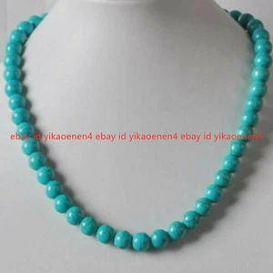 Natural 8mm Blue Turquoise Round Gemstone Beads Necklace 18" AAA - Picture 1 of 12