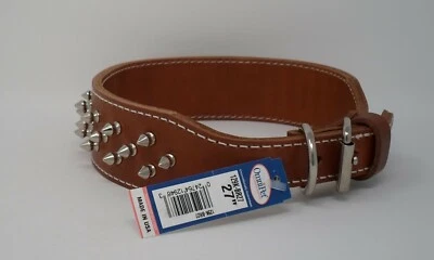 #129K 27" / 2 capas cuello de cuero con púas / marrón cónico / placa de identificación de latón gratis Foto 1 de 4