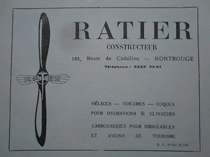 1922-1923 PUB RATIER MONTROUGE HELICE COQUE AVION HYDRAVION ORIGINAL FRENCH AD - Imagen 1 de 2