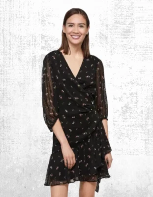 Ex ALLSAINTS Women’s Jade Aster Floral Wrap Mini Dress in Black RRP £148 - Image 1 of 3