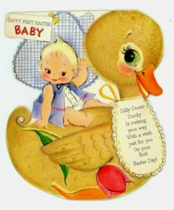 Biglietto Auguri Duck & Baby Prima Pasqua Punzone Die Cut Vintage Glitter Usato - Foto 1 di 5