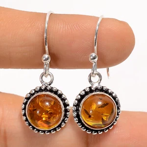 Baltic Amber Gemstone 925 Silver Handmade Dangle Earrings 1.3" ARE-4458 - Picture 1 of 3