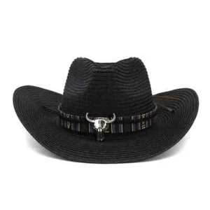 Black Straw Cowboy, Cowgirl Hat, Western Longhorn Bull Strap Men Women, w/ Strap - Picture 1 of 4