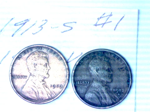 1913 S & 1909 VDB LINCOLN WHEAT CENT LOT # 1 Cover