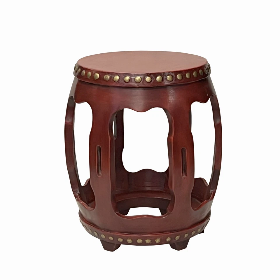 Chinese Distressed Brick Red Gold Dots Wood Ru Yi Bar Round Barrel Stool cs7709 - Image 1 of 4