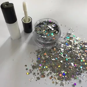 FESTIVAL FACE/BODY/HAIR KIT-4ml GLUE+SILVER STAR HOLOGRAPHIC GLITTER 10g POT  - Picture 1 of 1