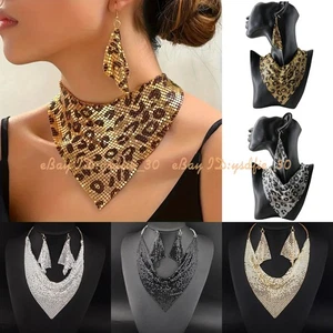 Mode Damen Legierung Kragen Statement Anhänger Latz Halskette Haken Ohrringe Sets - Bild 1 von 8