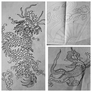 Oriental Chinese Dragon Japanese Fan Roses Embroidery Transfer - Picture 1 of 4