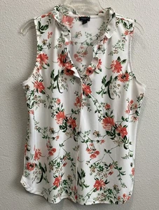 Ann Taylor Factory Floral Sleeveless Top Ruffle Neck White Women's Large Button - Picture 1 of 8