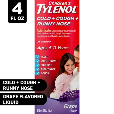 Tylenol Infantil Resfriado + Tosse + Corrimento Nasal, Idades 6-11, Uva, 4 fl oz - Imagem 1 de 4
