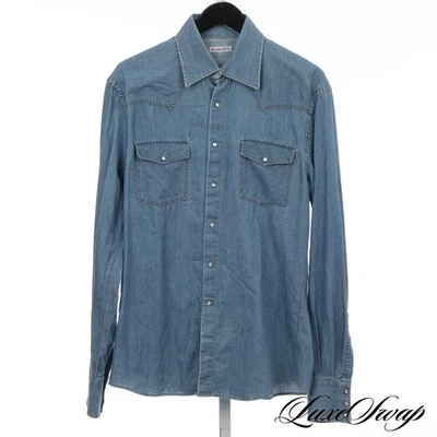 #1 MENSWEAR Michael Bastian Denim Chambray Blue Western Pearlsnap Faded Shirt 16 - Image 1 of 4