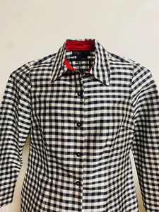 Nina Mclemore Women's Black White Plaid Silk Button Up Shirt Top Collared Size 4 - Picture 1 of 11