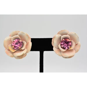Orecchini Weiss Vintage Clip Fiore Smalto Rosa Strass Cristallo Firmati BinC - Foto 1 di 12