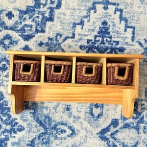 Vintage Wood Wall Hanging Shelf Storage Wicker Drawers Basket Compartments 15.7" - Picture 1 of 8