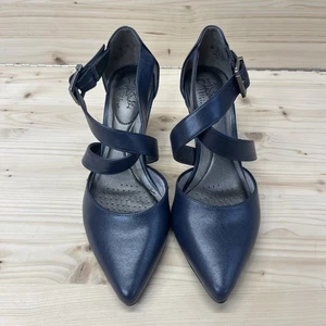 Life Strides Shoes 8M Navy Blue Pointy Toe Heels Strappy Faux Leather Flex Soft - Picture 1 of 12