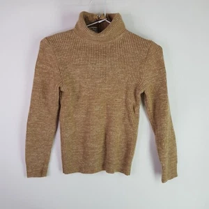 Vintage 100% Wool knit Ribbed Turtleneck Crop Sweater Womens M Beige Slim Zip - Picture 1 of 12