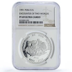 Peru 1 sol Encounter of Two Worlds Ibero-American PF69 NGC silver coin 1991 - Picture 1 of 2