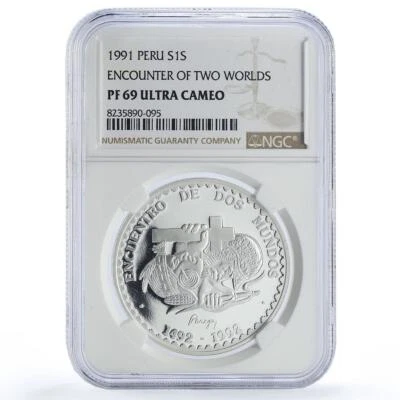 Peru 1 sol Encounter of Two Worlds Ibero-American PF69 NGC silver coin 1991 - Image 1 of 2