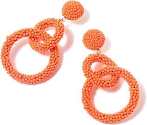 Rizir Fashion Podwójny pierścionek Rafia Pomarańczowe kolczyki kropla dla kobiet - Kolorowe Boho Da
