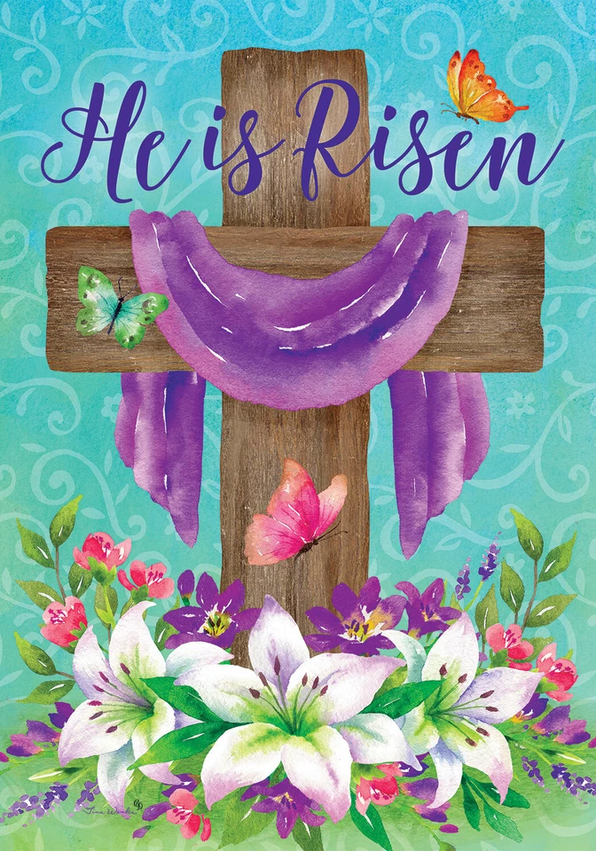 Pascua He Is Risen Lirios Cruz Mariposas Jardín Bandera 18" x 12" Foto 1 de 1