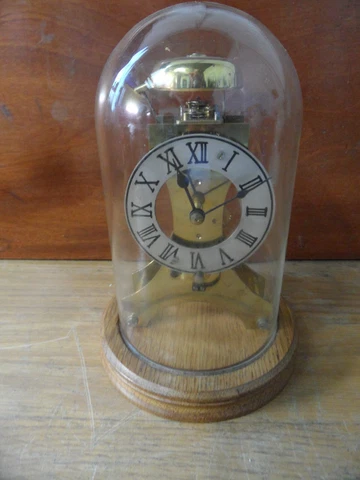 Glass Domed Floating Balance Skeleton Clock w Turned Oak Base & Key Working Cover