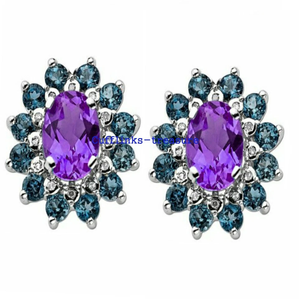 Gemas de amatista natural y topacio azul con gemelos de plata de ley 925 #9340 Foto 1 de 3