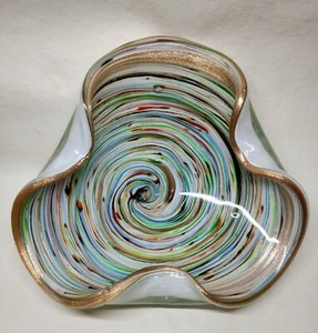 Murano Kunstglas funkelnder Goldfleck Regenbogen Wirbel Schale Schale - Bild 1 von 5