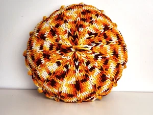Throw Pillow Vtg 70s Knit Round Fall Autumnal MCM Boho Orange Brown Yellow 16" - Picture 1 of 8