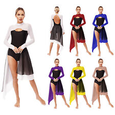 Womens Dancewear Modern Leotard Sheer Dress Long Sleeve Stage Mesh Costume