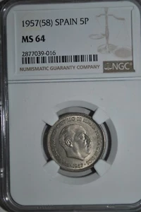 SPAIN 5 Pesetas 1957 / 58 NGC MS64 - Picture 1 of 3