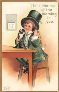 ARTIST CLAPSADDLE ST PATRICK'S DAY PC, BOY IN GREEN TALKS ON TELEPHONE used 1910 - Picture 1 of 2