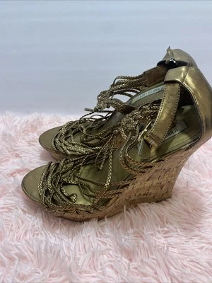 Jennifer Lopez 青铜跟楔形凉鞋女式 8.5M 码软木 — 第 1/4 张图片