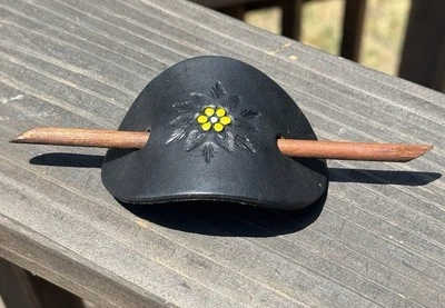 Vintage Hand Made Leather Oval  Barette W/ Wooden Stick/ Flower - Image 1 of 4