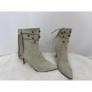 Paige Women’s Suede Fringe Studded Ankle Boots Size 8 Beige Western Pointed Toe - Picture 1 of 9