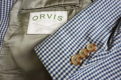 Orvis 棉混纺奶油色蓝色格子格子运动外套夹克,尺寸 40S — 第 1/4 张图片