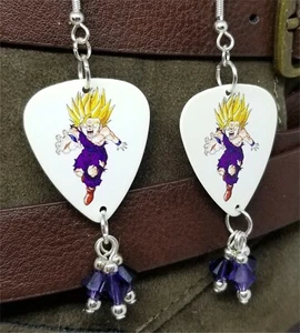Dragon Ball Z Gohan Guitar Pick Earrings with Purple Swarovski Crystal Dangles - Picture 1 of 5