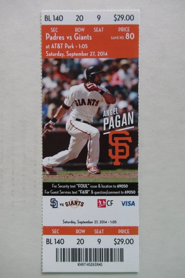 SAN FRANCISCO GIANTS VS SAN DIEGO PADRES 9/27/2014 FULL TICKET ~ ANGEL PAGAN - Image 1 of 1