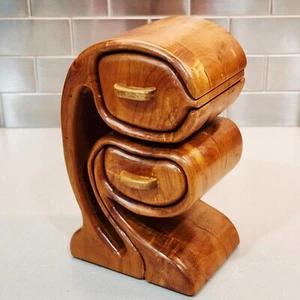 Artisan Handmade Carved Bent Wood Bandsaw Two Drawers Jewelry Trinket Box - Picture 1 of 15