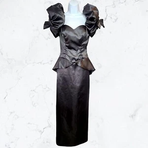 Vestido de cóctel vintage años 80 raro Eve of Milady negro lazo manga abullonada talla XS/S - Imagen 1 de 8