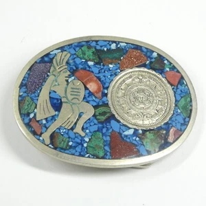 Mexico Silver Belt Buckle Turquoise Chips Aztec Calendar Vintage - Picture 1 of 7