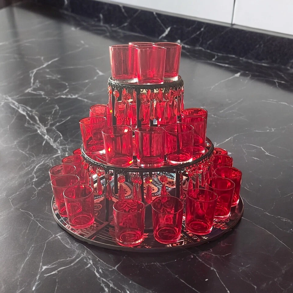 3 niveles de metal negro 30 tiro rojo, exhibición de vidrio de cóctel entretenimiento fiesta Foto 1 de 4