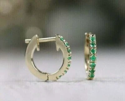 1.0Ct Emerald Green Created Huggie Women's Hoop Earrings 14K Yellow Gold Plated - Image 1 of 3