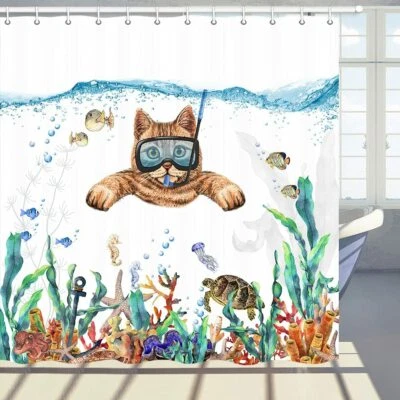 Gato Buceo Peces Tropicales Coral Cortinas Ducha para Decoración de Baño con 12 Ganchos Foto 1 de 4