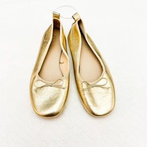 Zara Square Toe Flat Sandal Bow Front Accent Metallic Gold Size 36 EUC - Picture 1 of 6